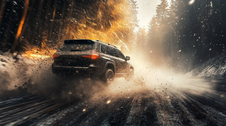Cars on the road in the forest during a blizzard.