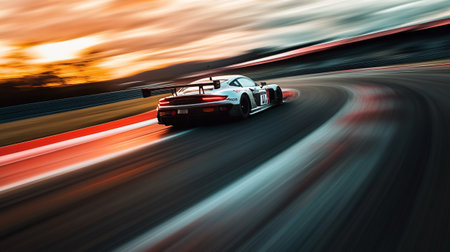 Motion blur of a racing car with motion blur effect on a race trackの写真素材