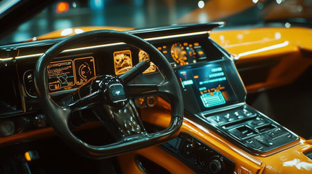 Interior of a vintage car with dashboard, steering wheel and dashboardの写真素材