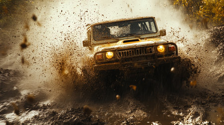 Racing off-road car on a muddy road during a raceの写真素材
