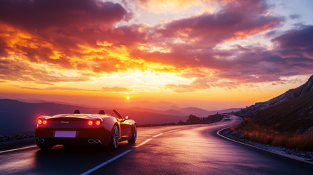 Cars on the road in the mountains at sunset. 3d renderingの写真素材