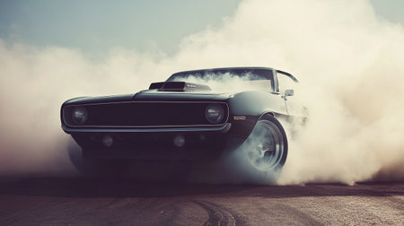 vintage car with smoke on the road. retro car background.の写真素材