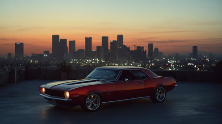 Classic American muscle car on rooftop with city skyline in the background.