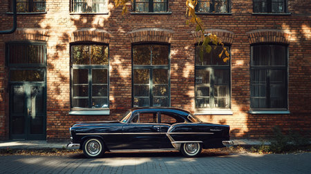 Vintage car in front of old brick building. Retro style.の写真素材