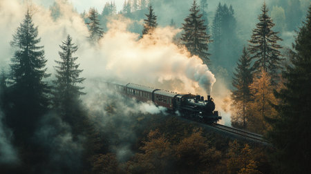 Vintage steam locomotive in the autumn forest. Retro transportation.の写真素材