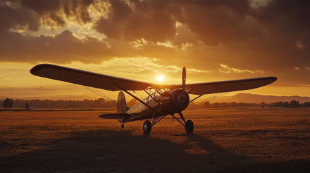 Old airplane on the field at sunset. 3d render. Vintage style.の写真素材