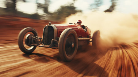 Vintage race car on a dirt road with motion blur effect.
