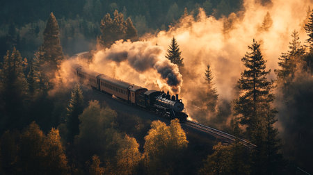 Vintage steam train in autumn forest. Retro train in fog.の写真素材
