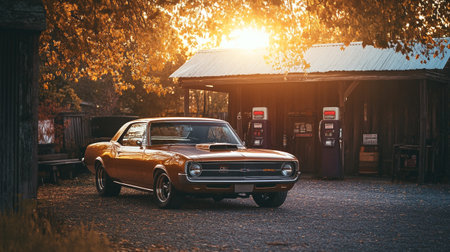 Vintage american car in the autumn park. Retro car.の写真素材