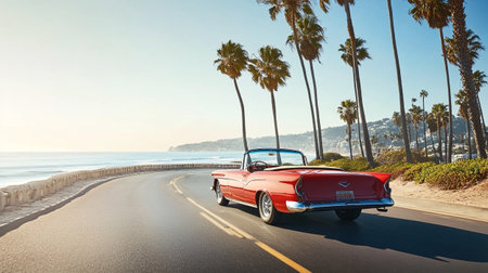 Classic car on the road with palm trees and sea in background.