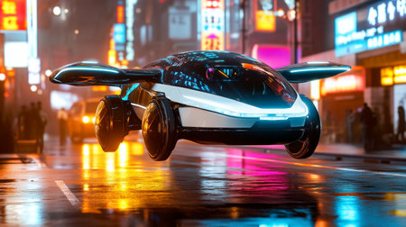 Modern electric car on the road in the city at night. Concept of ecological transportの写真素材