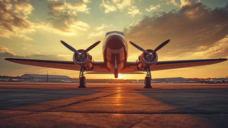 Front view of airplane on the runway at sunset. 3d rendering
