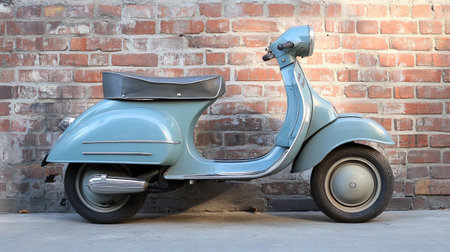 Vintage scooter parked in front of a brick wall, with copy spaceの写真素材