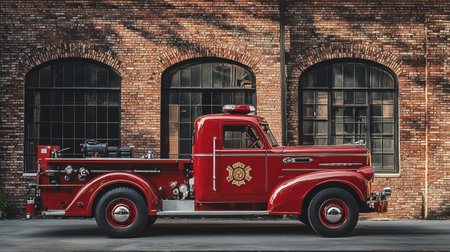 Red fire truck in front of a brick building. 3d rendering