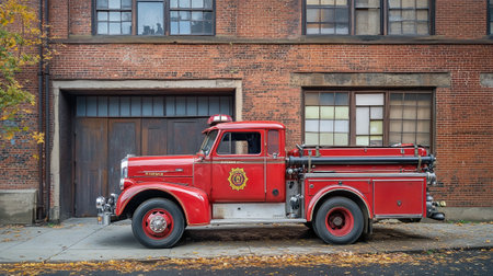 Vintage fire truck in front of a brick building in Boston, Massachusetts.