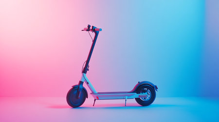 Modern electric scooter on blue and pink background. Side view.
