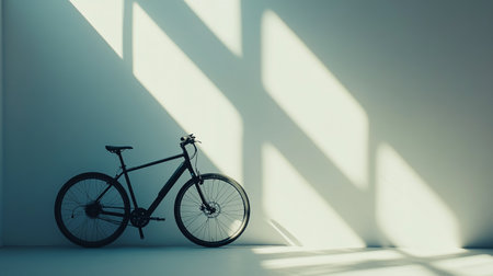 Bicycle in the room with sunlight and shadow on the wall.の写真素材