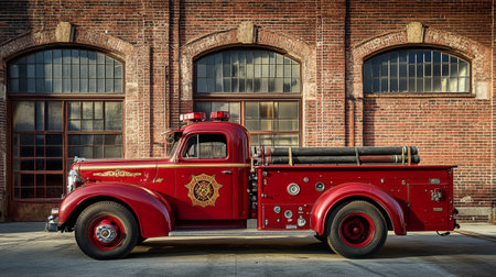 Vintage fire truck in front of a brick building with windows.
