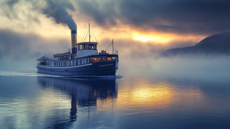 Foggy morning on the lake with a steamboat at sunrise