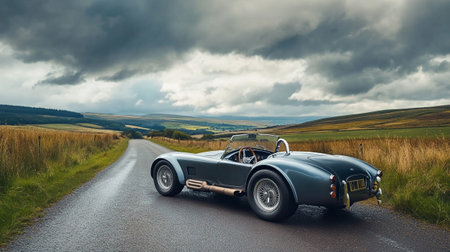 A vintage car on a country road with stormy skies in the background