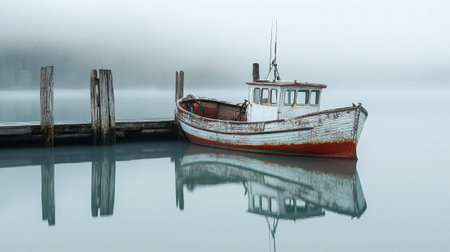 Fishing boat in the misty morning at the pier in the bayの写真素材