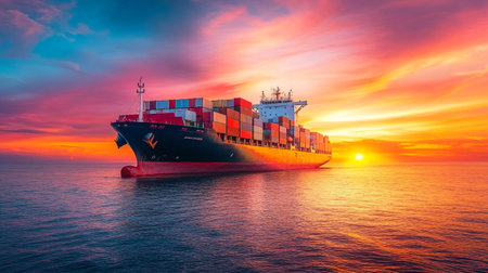 Container Cargo freight ship with working crane bridge at sunset for Logistic Import Export...