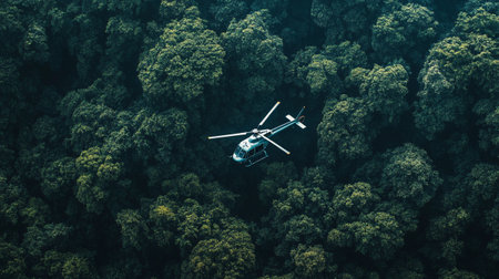 Aerial view of helicopter flying over green forest. Helicopter flying above forest.の写真素材