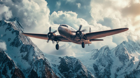 Airliner flying over the mountains. 3D Rendering.の写真素材