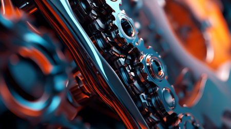 3D rendering of a gear wheel and chain in abstract technology backgroundの写真素材