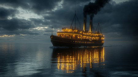 Ship in the sea at night. 3d rendering. Vintage style.の写真素材