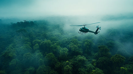 Helicopter flying over green tropical rainforest with fog in morning