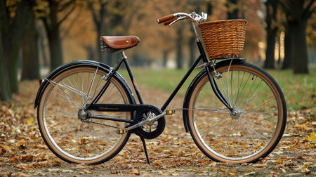 Bicycle with basket in autumn park, shallow depth of field.の写真素材