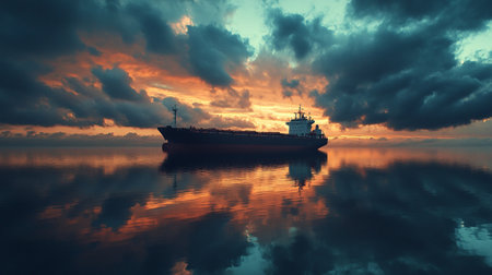 A large cargo ship in the sea against the background of a beautiful sunsetの写真素材