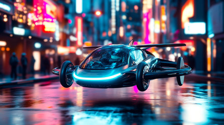 3D rendering of a drone flying over a city street at night
