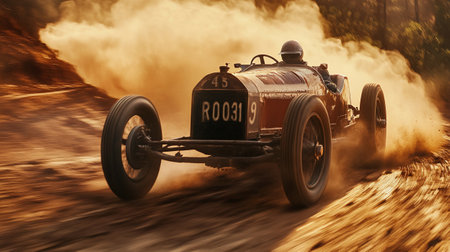 3D rendering of a vintage race car driving through a dirt roadの写真素材