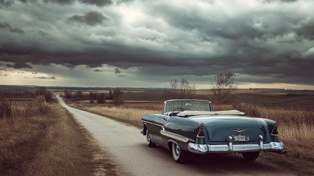 Old american car on the road in the countryside with dramatic sky