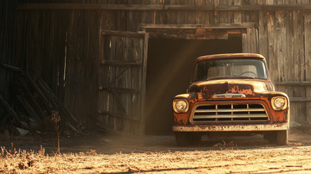 Old rusty car in front of a rustic barn at sunset.の写真素材