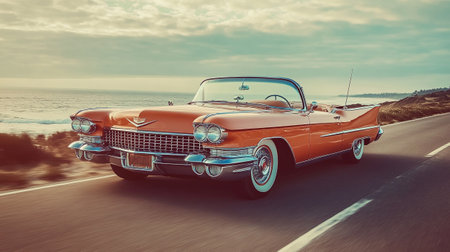 Classic american car on the road. Retro style toned imageの写真素材