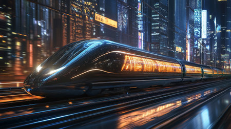 High-speed train in the city at night. 3d rendering