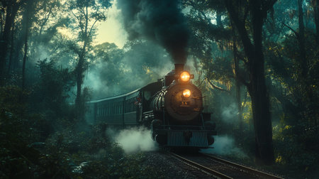 Vintage steam locomotive in the foggy forest. 3d renderingの写真素材