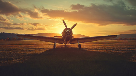 Vintage airplane in the field at sunset. 3D Renderingの写真素材