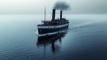 Ship in the sea on a foggy day. 3d renderの写真素材