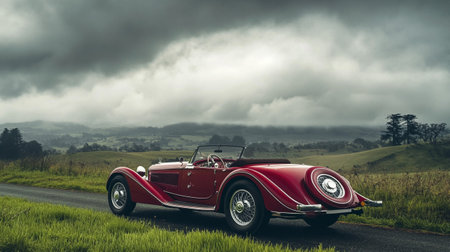 Vintage car on the road with stormy clouds at background.