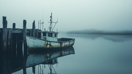 Fishing boat in the misty morning. Long exposure shot.の写真素材