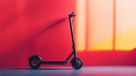 Electric scooter on the floor in the room with a red wall