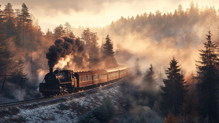 Steam locomotive on the tracks in the Carpathian mountains.の写真素材
