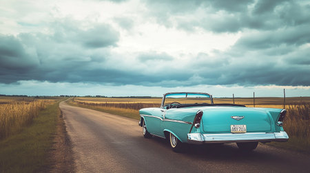 Classic american car on the road in the countryside with dramatic skyの写真素材