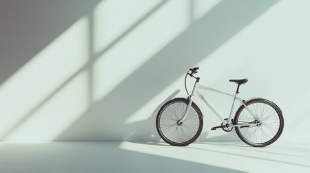 Bicycle in the white room with shadow on the wall. 3d rendering