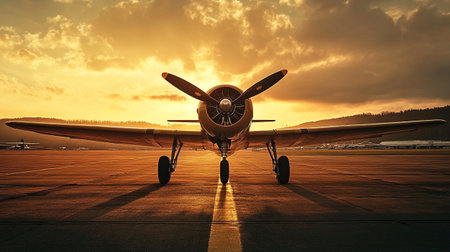 Vintage airplane on the runway at sunset. 3d rendering.の写真素材