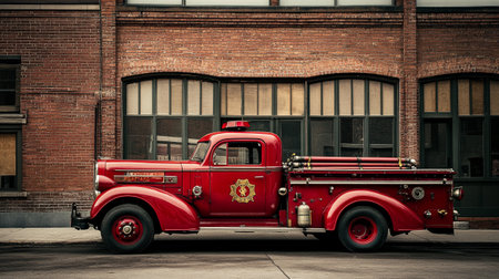Vintage fire truck in front of a brick building, Chicago, Illinois, USAの写真素材